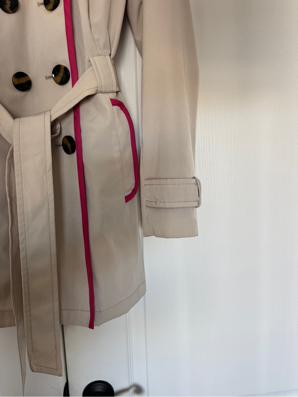 Esprit Y2K Beige Hot Pink Trim Belted Double Breasted Trench Coat Small - Picture 5 of 14